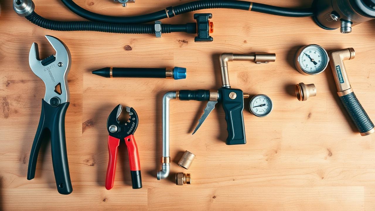 Professional plumbing tools laid out on a workbench